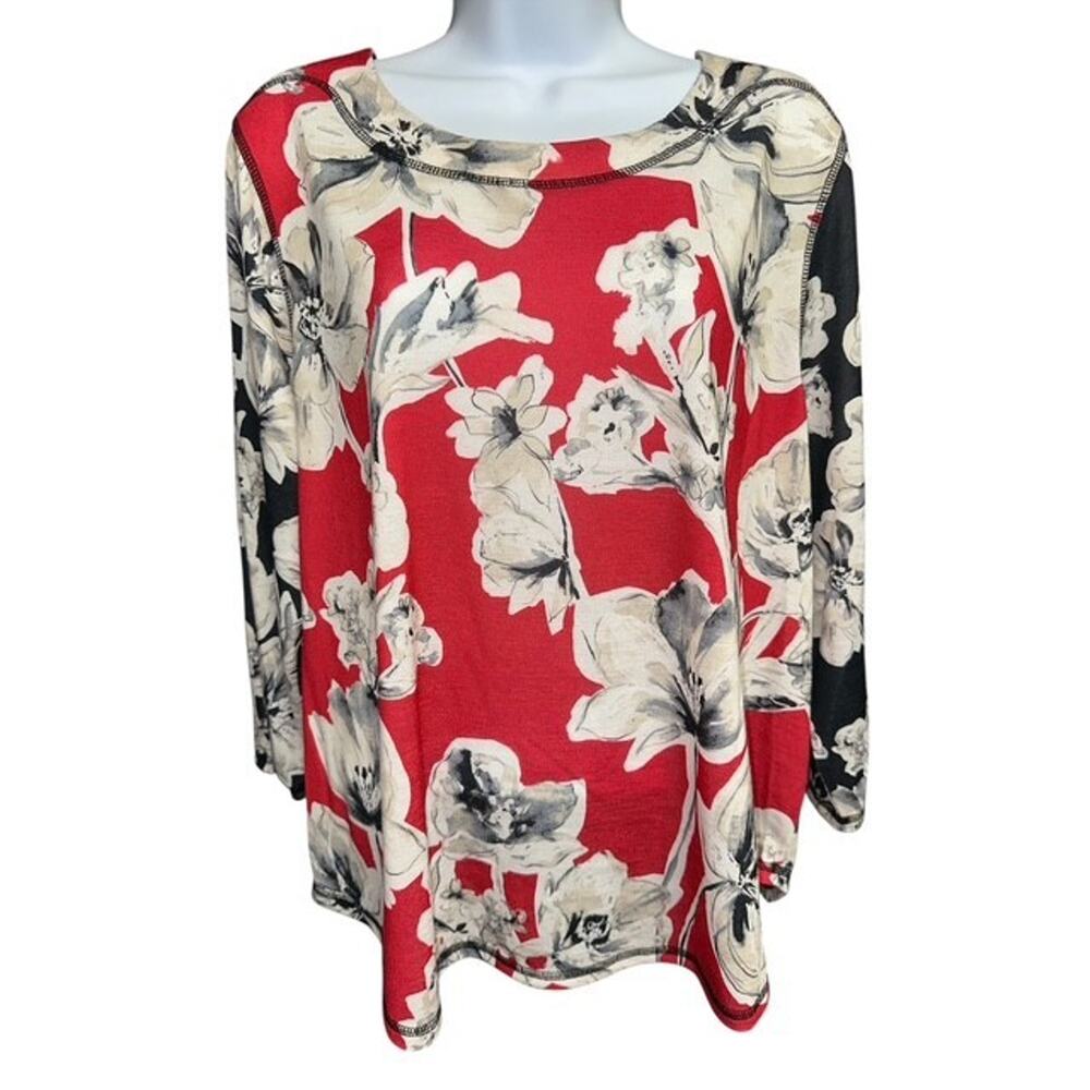 Alfred Dunner 1X Top BOHO Red Beige Black Floral Embroidered Knit 3/4 Sleeves